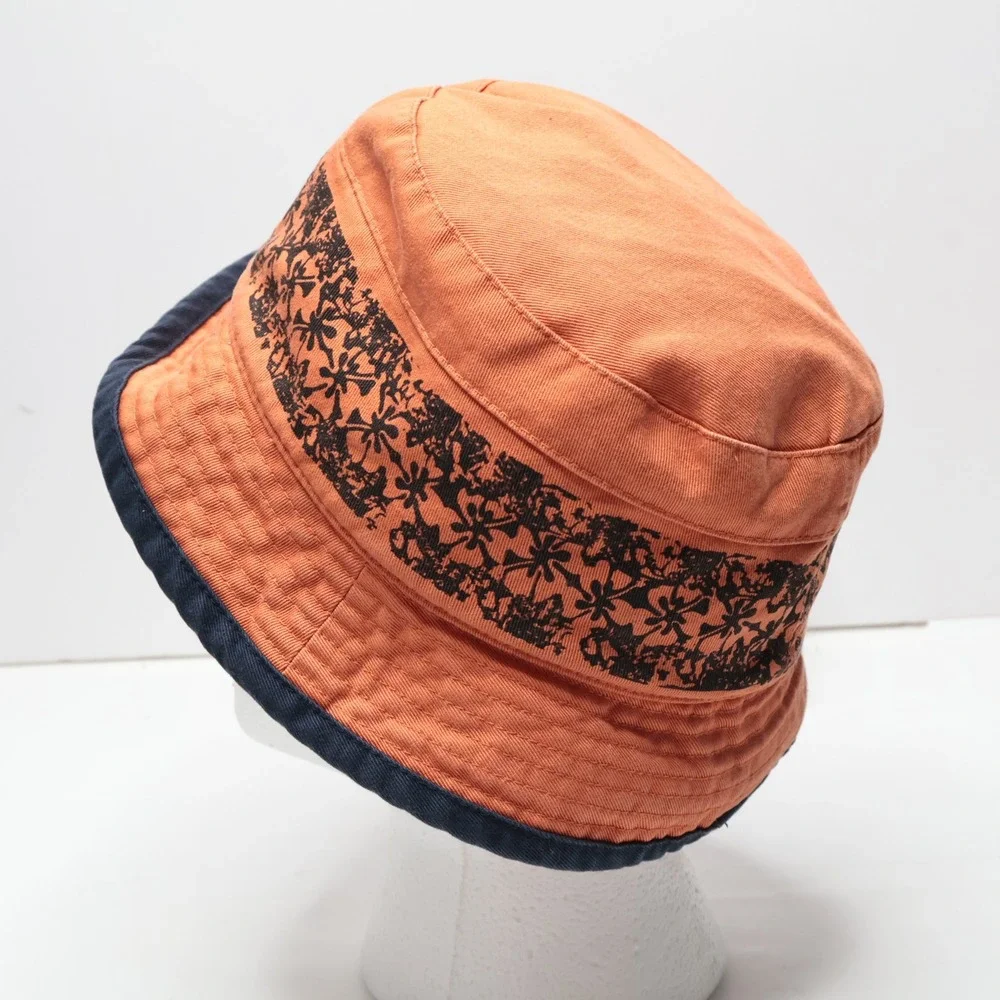 VTG 90s Y2K Orange Floral Bucket Hat Kids 4-6X Blue Hibiscus‎ Flowers Kindercaps